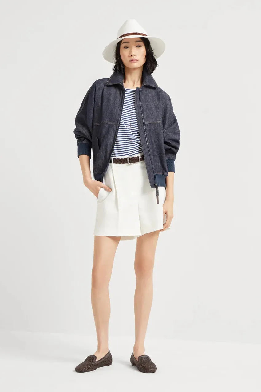 Veste bomber en sergé effet denim pour femme Brunello Cucinelli avec tirette de fermeture éclair brillante