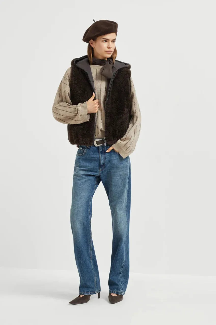 Brunello Cucinelli レディース カシミヤセーター 輝くチョークストライプ刺繍入り