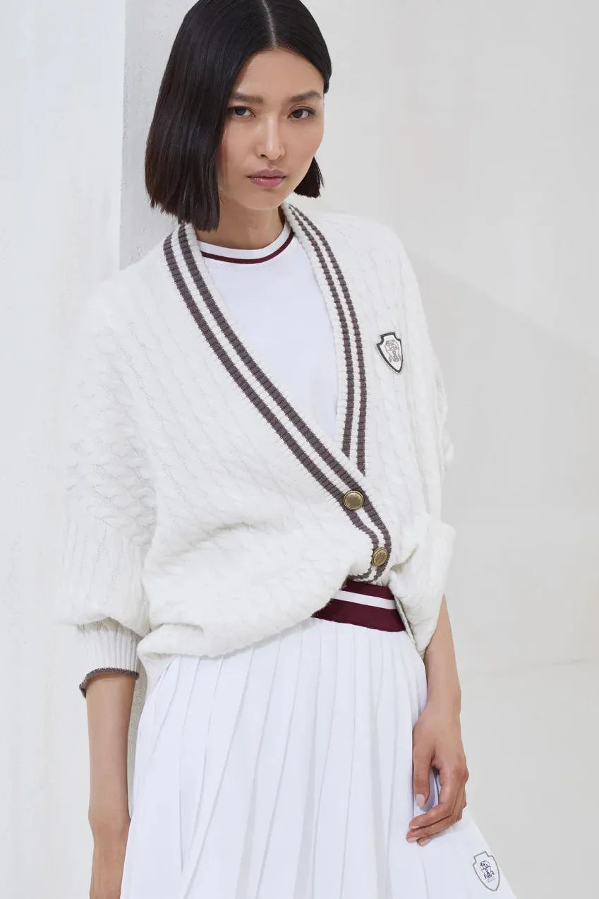 Brunello Cucinelli Women's Cashmere Cable Knit Cardigan with Logo and Metal Buttons