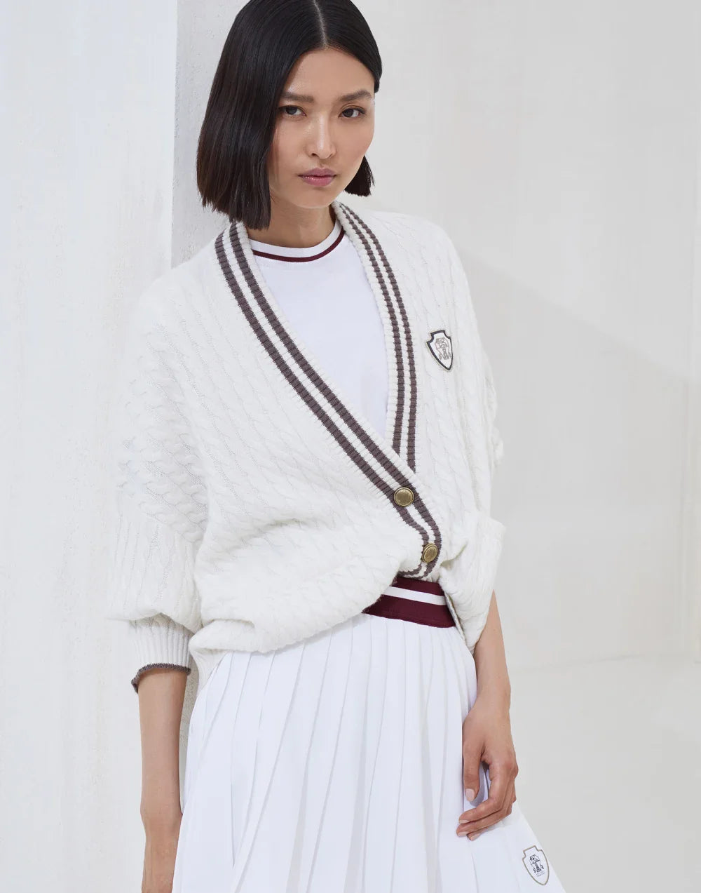 Brunello Cucinelli Women's Cashmere Cable Knit Cardigan with Logo and Metal Buttons