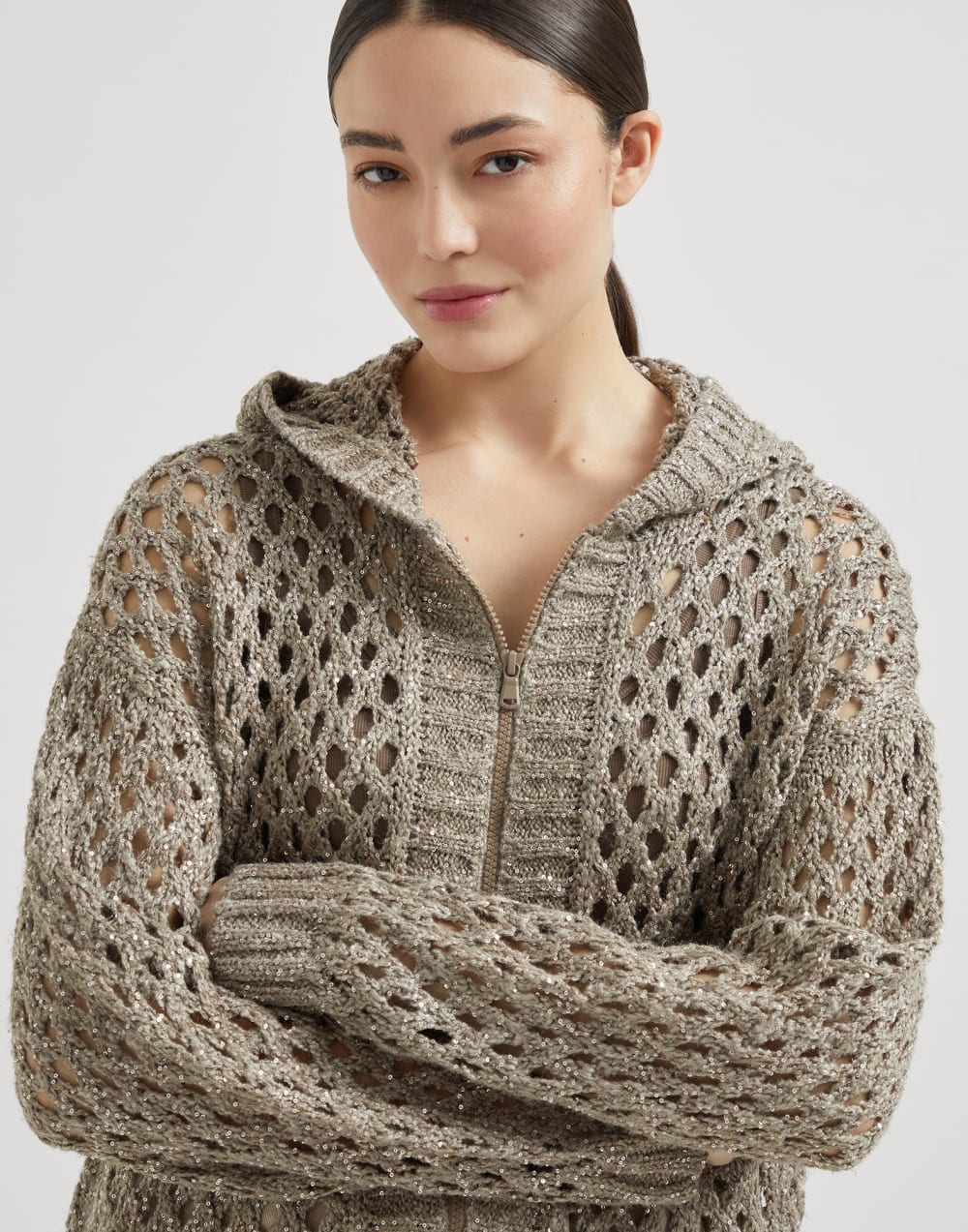 Brunello Cucinelli Women's Silk and Linen Dazzling Net Hooded Cardigan