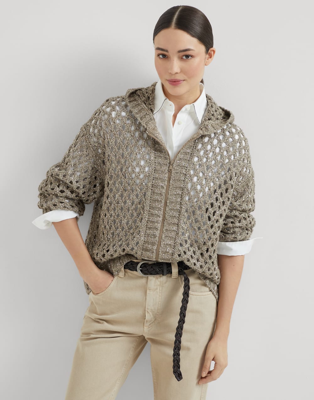 Brunello Cucinelli Women's Silk and Linen Dazzling Net Hooded Cardigan