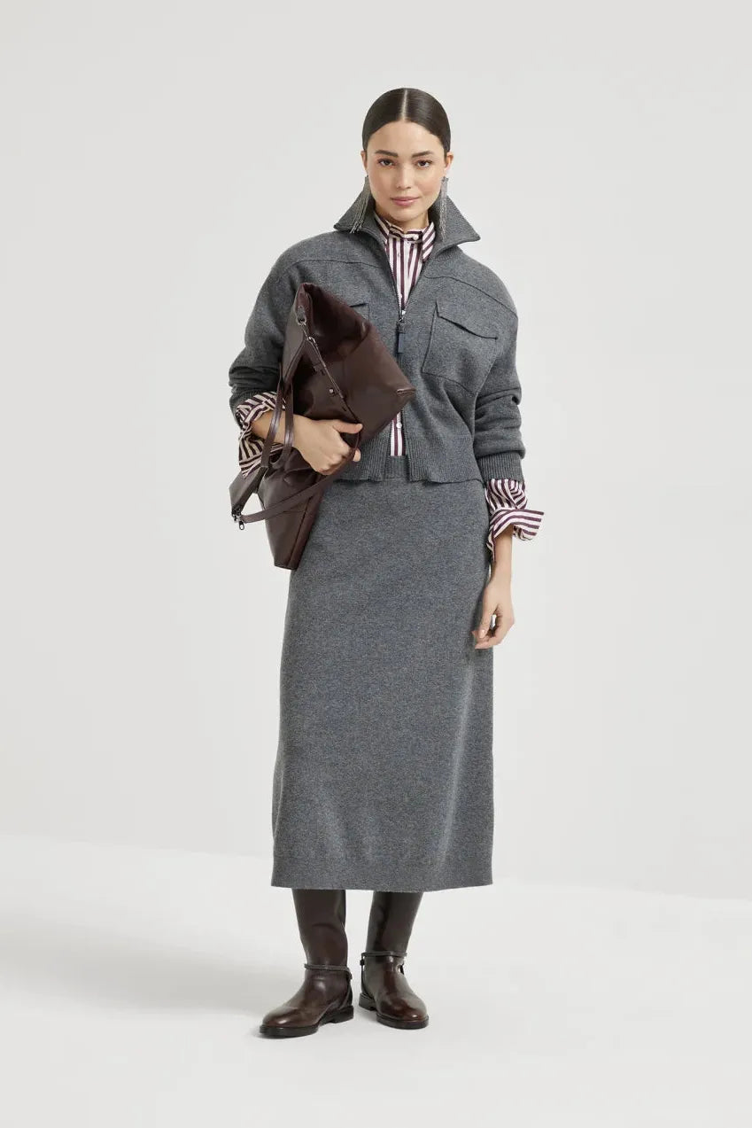 Cardigan double maille en cachemire pour femme Brunello Cucinelli avec tirette de fermeture éclair brillante