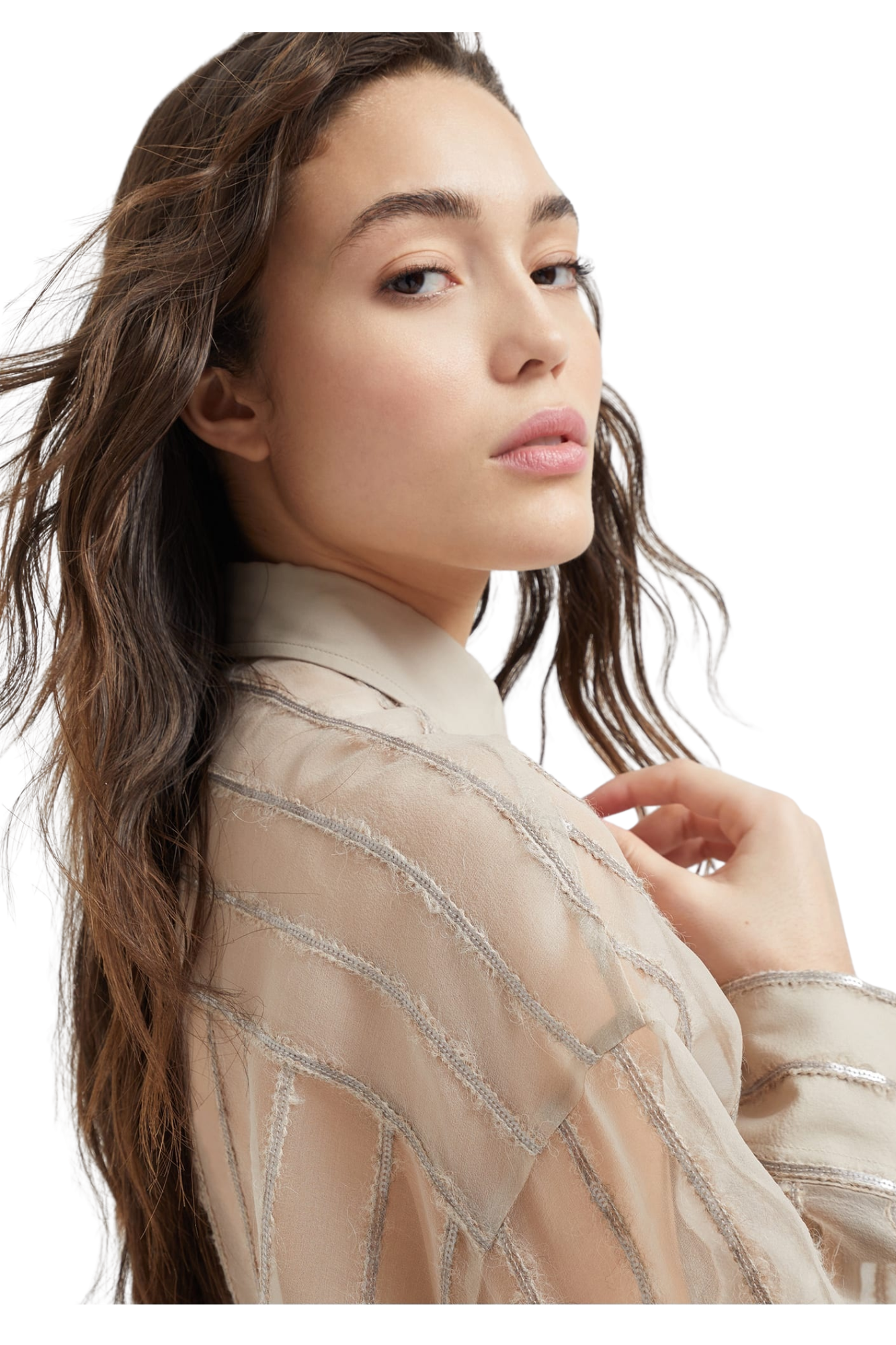 Brunello Cucinelli Women's Crispy Silk Shirt with Dazzling Alpaca Stripes