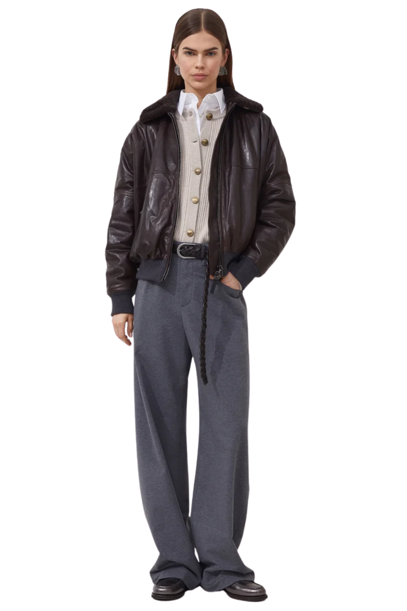 Brunello Cucinelli Damen Schurwolle, Kaschmir und Seide Englischer Rippen-Cardigan mit Metallknöpfen