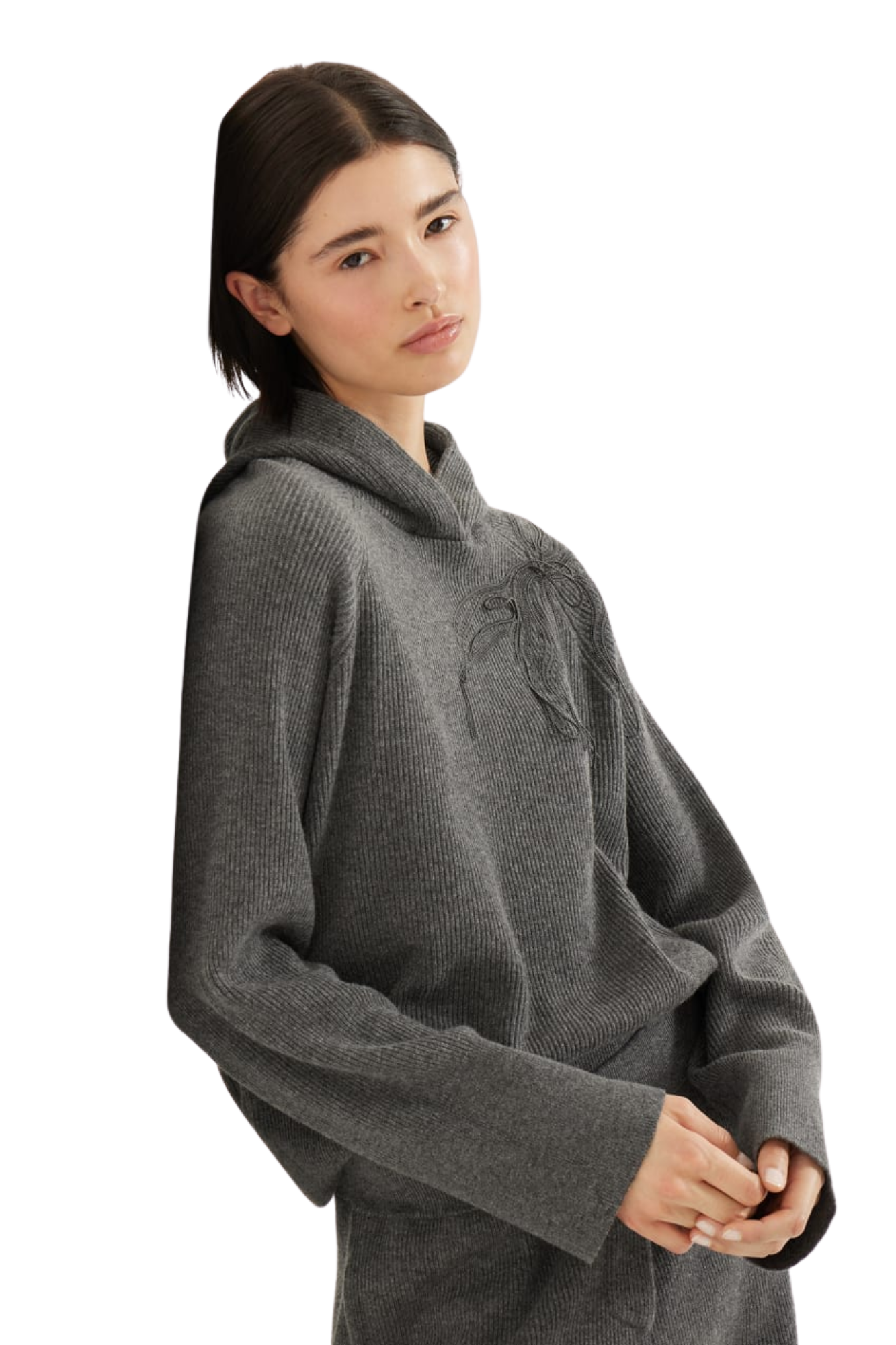 Brunello Cucinelli Women's Cashmere English Rib Hooded Sweater with Shiny Flower Embroidery