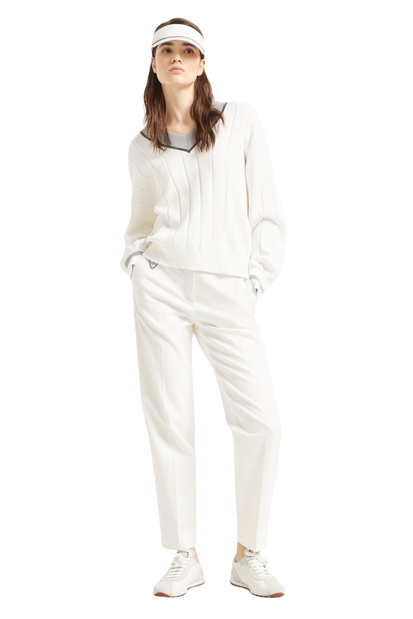 Brunello Cucinelli Women's Cotton Flat Rib Sweater with Precious Neckline