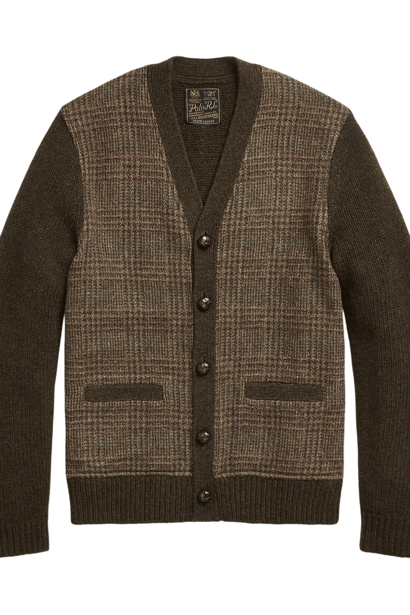 <tc>Ralph Lauren</tc> Cárdigan de lana con paneles de cuadros escoceses Glen para hombre