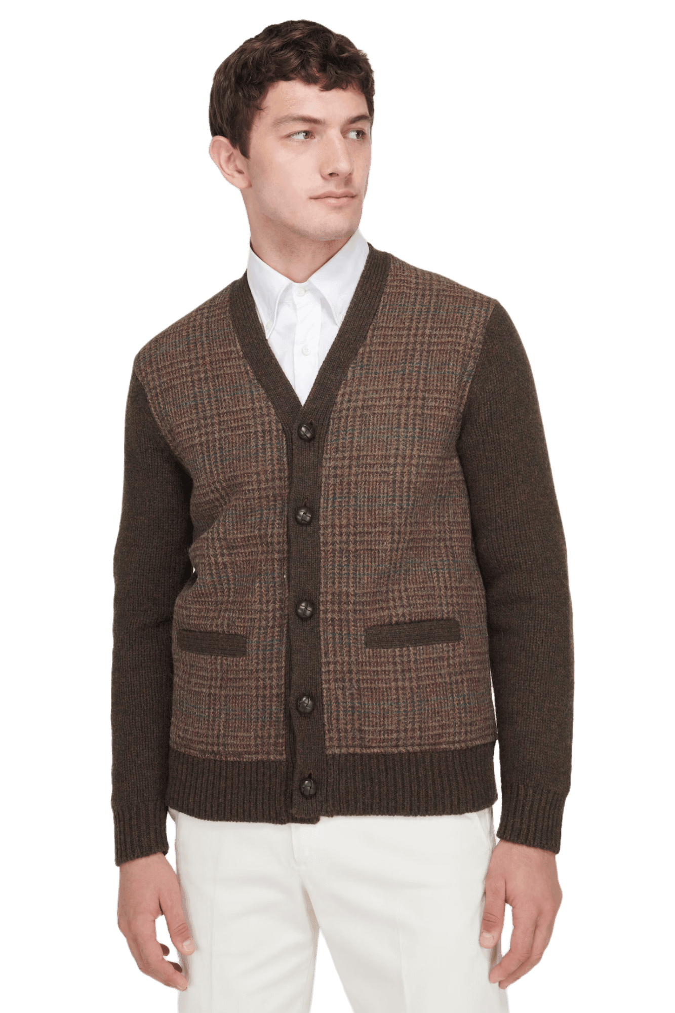 <tc>Ralph Lauren</tc> Cárdigan de lana con paneles de cuadros escoceses Glen para hombre