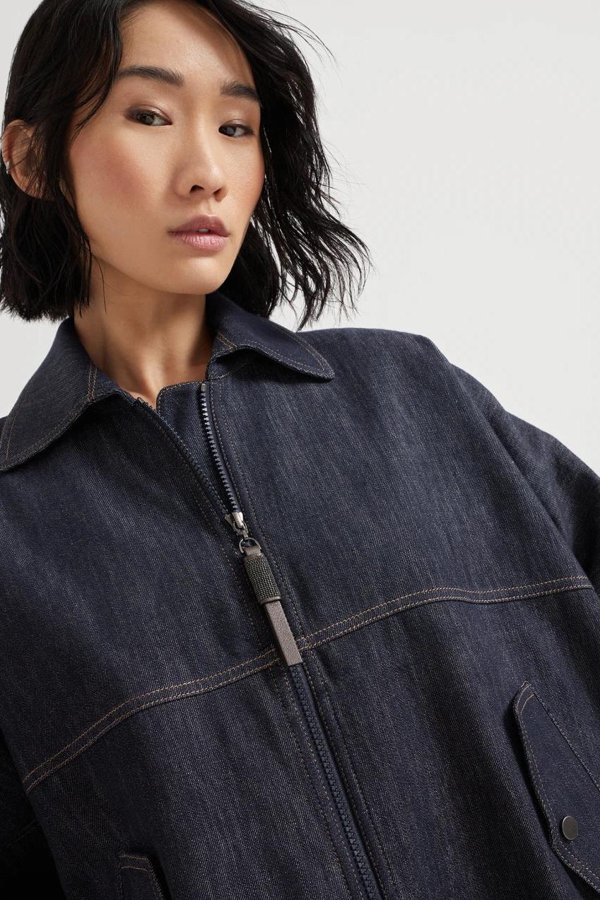 Brunello Cucinelli Women's Denim-effect Twill Bomber Jacket with Shiny Zipper Pull
