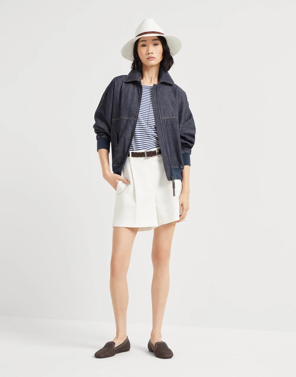 Brunello Cucinelli Women's Denim-effect Twill Bomber Jacket with Shiny Zipper Pull