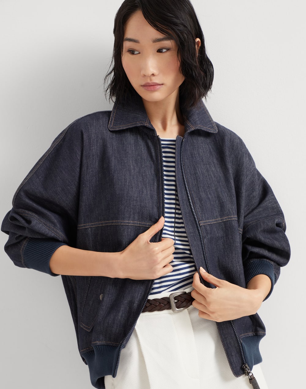 Brunello Cucinelli Women's Denim-effect Twill Bomber Jacket with Shiny Zipper Pull