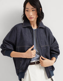 Brunello Cucinelli Women's Denim-effect Twill Bomber Jacket with Shiny Zipper Pull