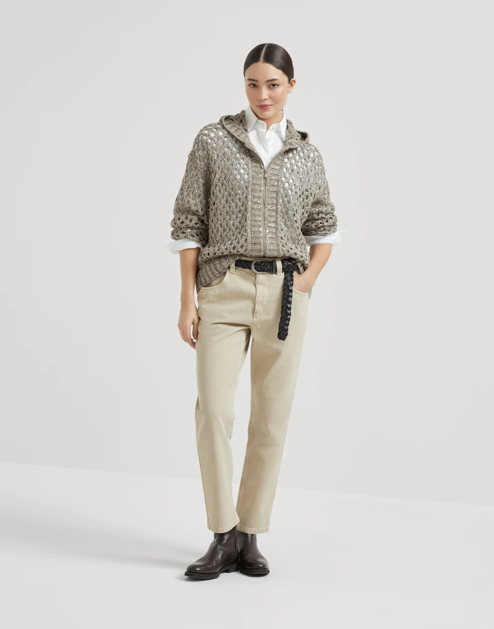 Brunello Cucinelli Women's Silk and Linen Dazzling Net Hooded Cardigan