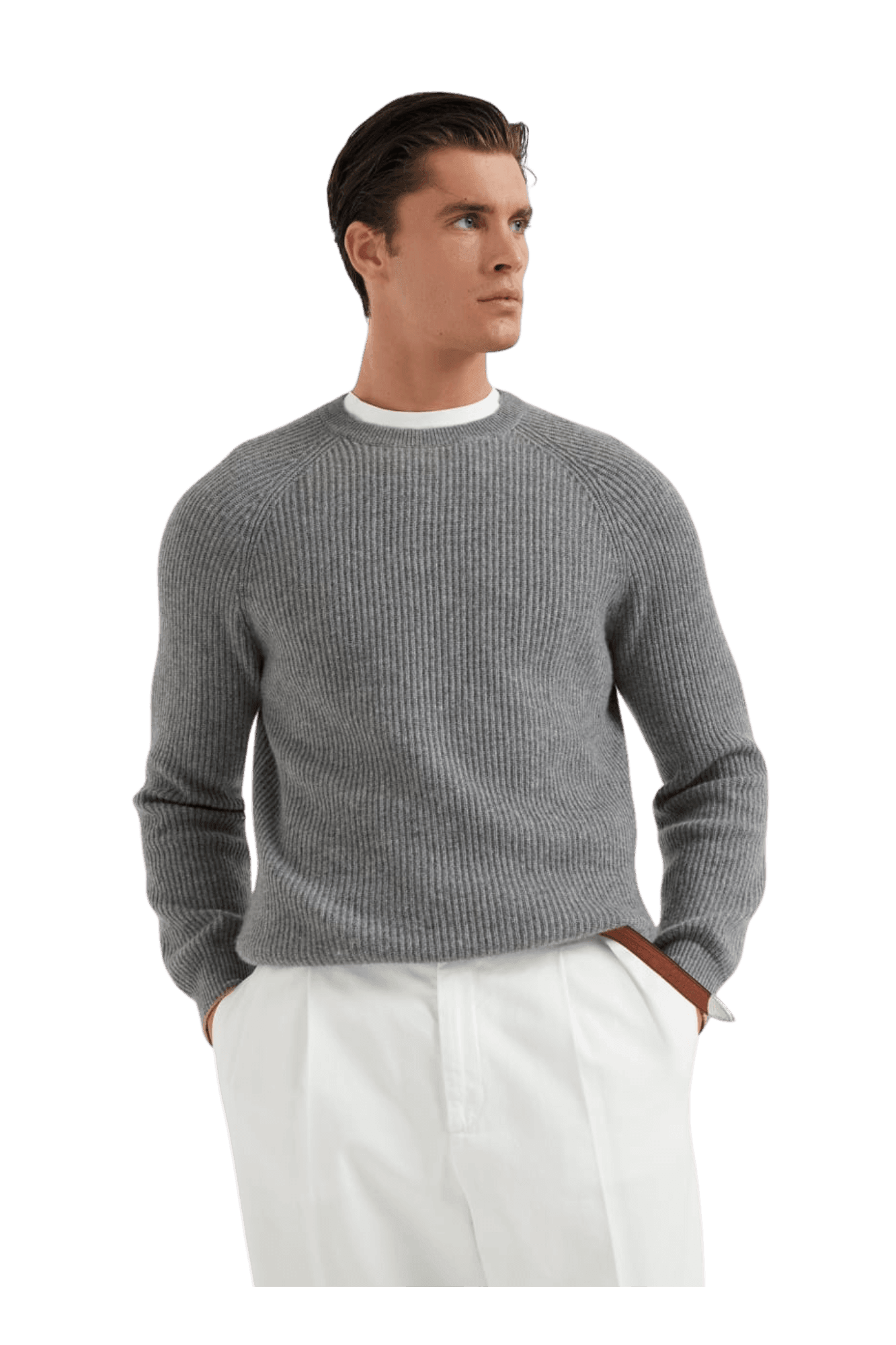 <tc>Brunello Cucinelli</tc> Suéter de cachemira con canalé inglés y mangas raglán para hombre