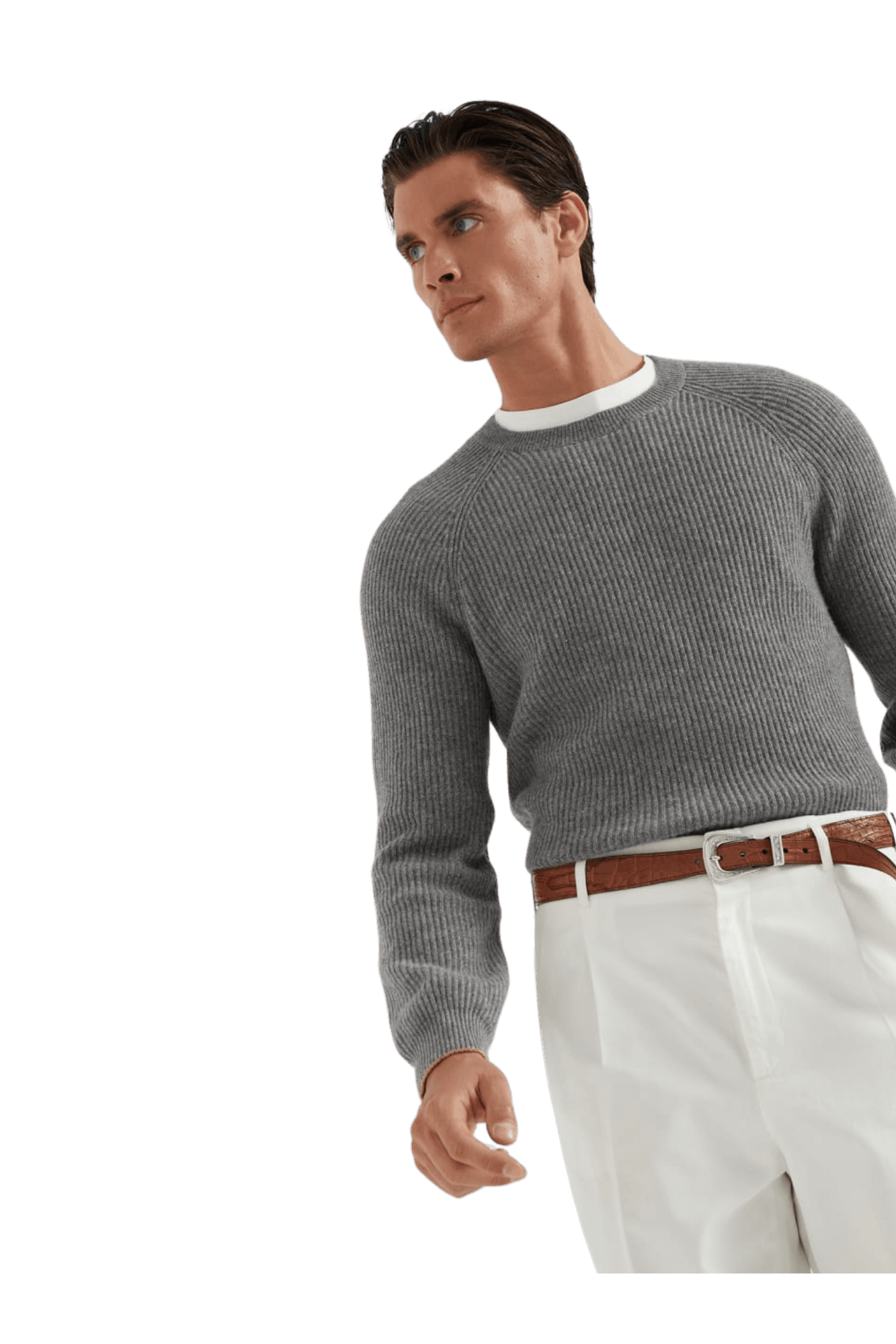 <tc>Brunello Cucinelli</tc> Suéter de cachemira con canalé inglés y mangas raglán para hombre