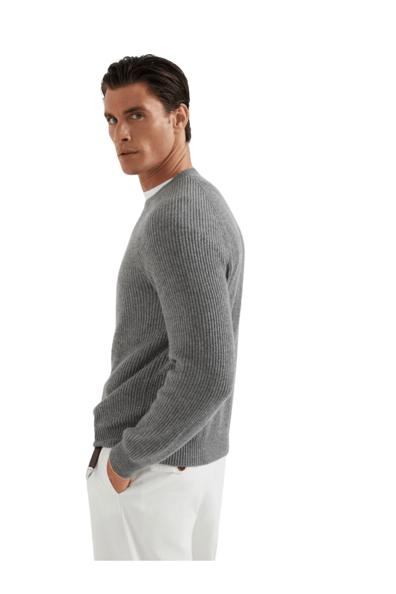 <tc>Brunello Cucinelli</tc> Suéter de cachemira con canalé inglés y mangas raglán para hombre