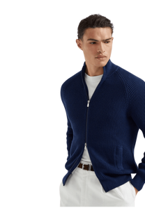 <tc>Brunello Cucinelli</tc> 男士 Malfilé 棉質英式羅紋拉鍊開襟衫