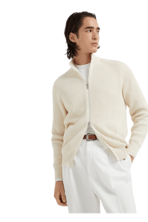 <tc>Brunello Cucinelli</tc> 男士 Malfilé 棉質英式羅紋拉鍊開襟衫