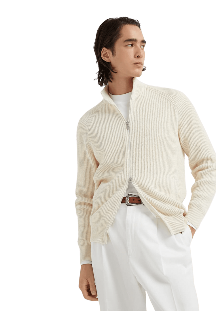 <tc>Brunello Cucinelli</tc> 男士 Malfilé 棉質英式羅紋拉鍊開襟衫