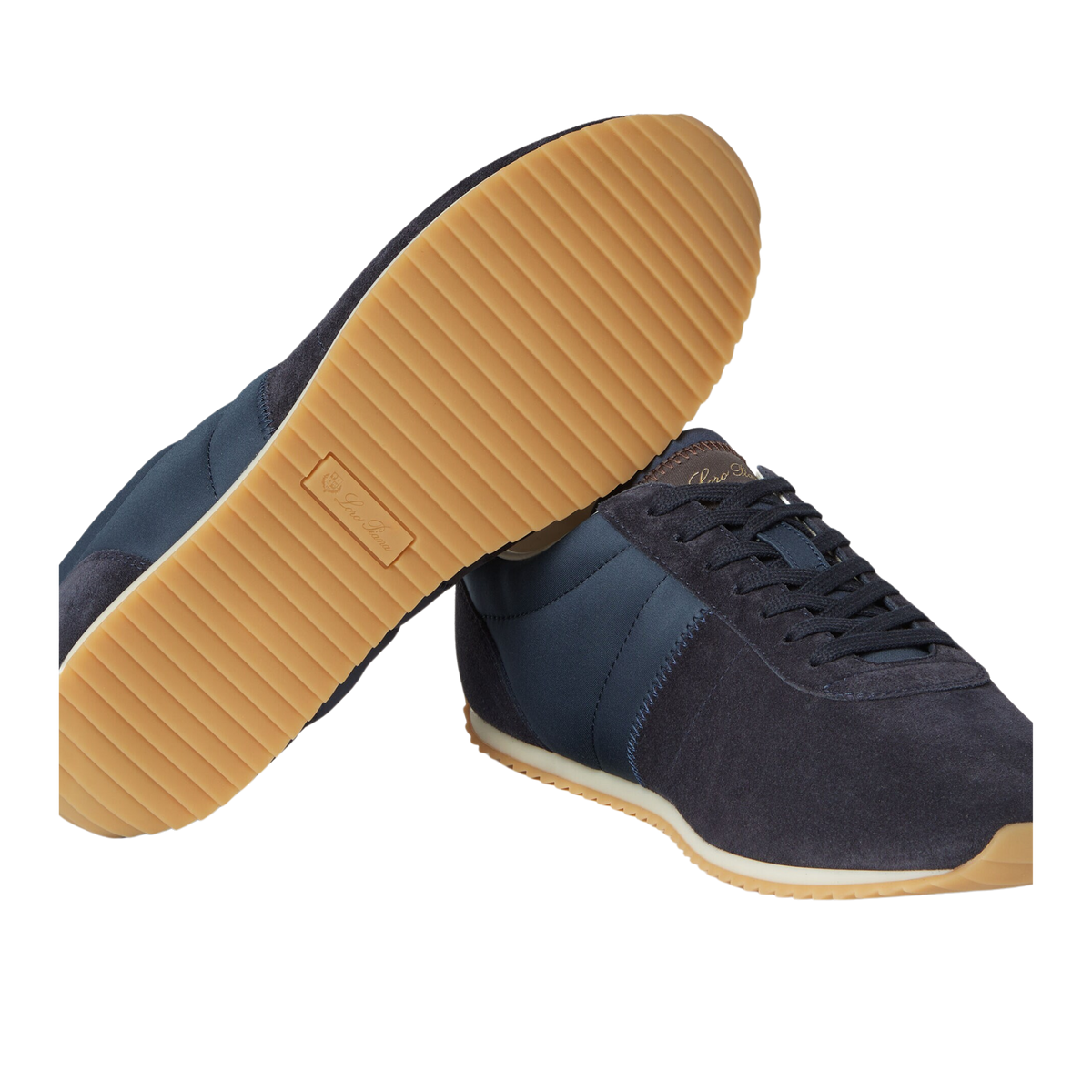 Loro Piana Women's Fast Walk Sneakers in Blue Navy, Gum Rubber Sole View

