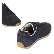 Loro Piana Women's Fast Walk Sneakers in Blue Navy, Angled Front and Rear View

