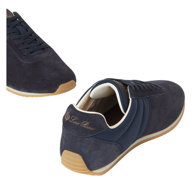 Loro Piana Women's Fast Walk Sneakers in Blue Navy, Angled Front and Rear View

