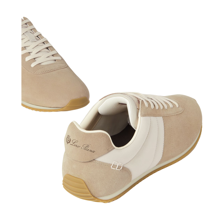 Loro Piana Men's Fast Walk Sneakers in Maple/Dark Wheat, Angled Front and Rear View