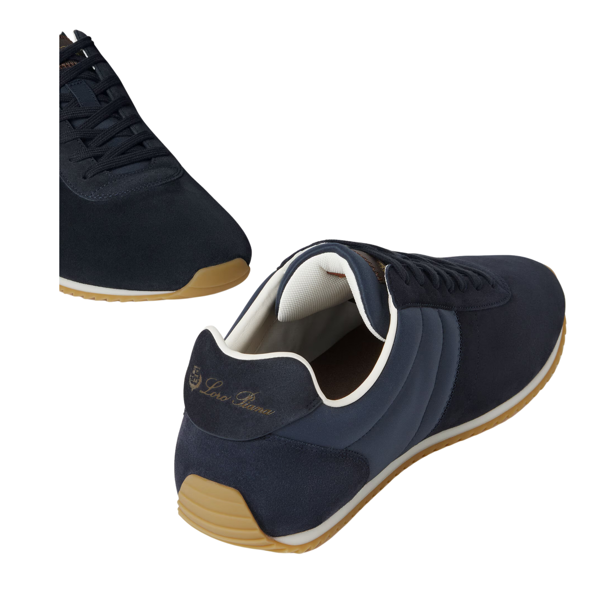 Loro Piana Men's Fast Walk Sneakers in Blue Navy, Angled Front and Rear View