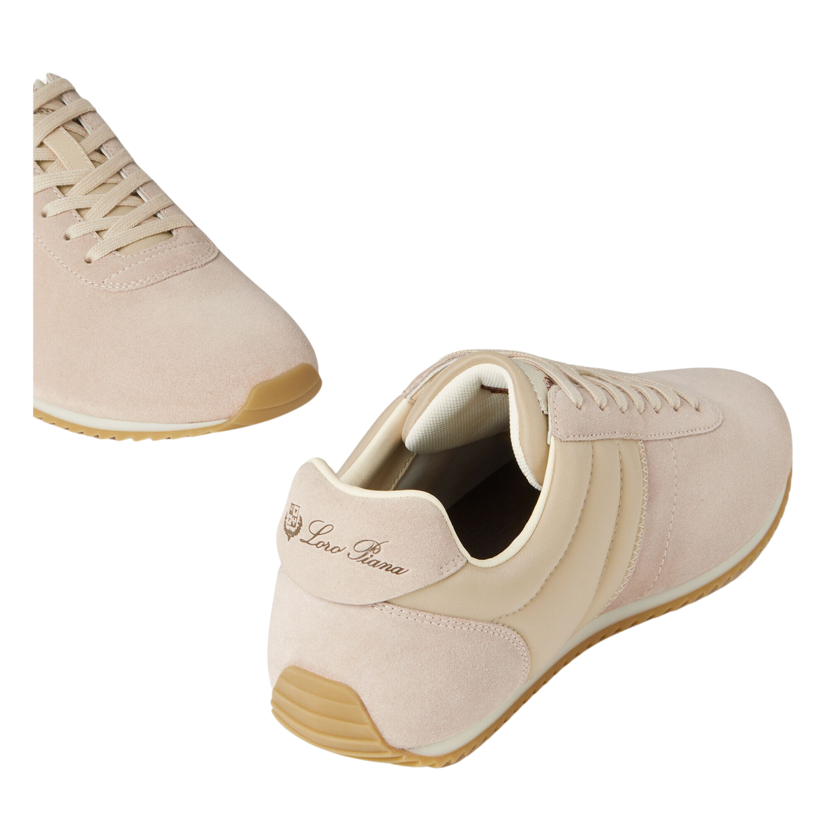 Loro Piana Women's Fast Walk Sneakers in Sand Shell/Light Rose Dust, Angled Front and Rear View
