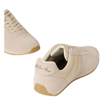 Loro Piana Women's Fast Walk Sneakers in Sand Shell/Light Rose Dust, Angled Front and Rear View
