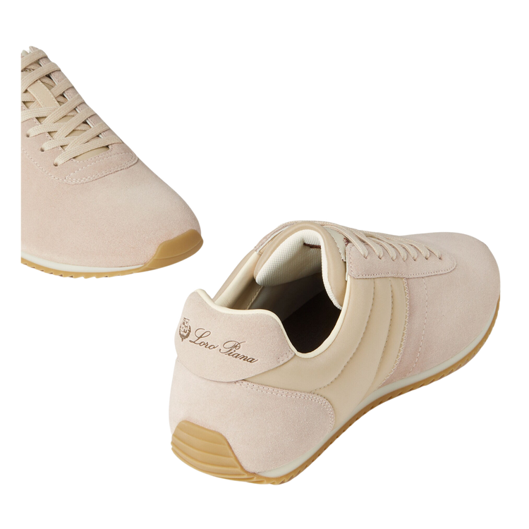 Loro Piana Women's Fast Walk Sneakers in Sand Shell/Light Rose Dust, Angled Front and Rear View
