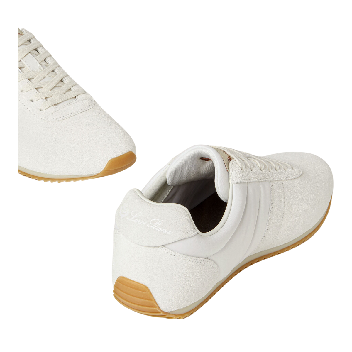 Loro Piana Women's Fast Walk Sneakers in White, Angled Front and Rear View

