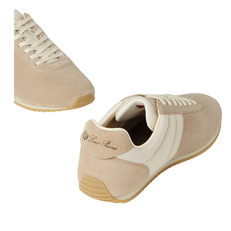 Loro Piana Women's Fast Walk Sneakers in Maple/Dark Wheat, Angled Front and Rear View