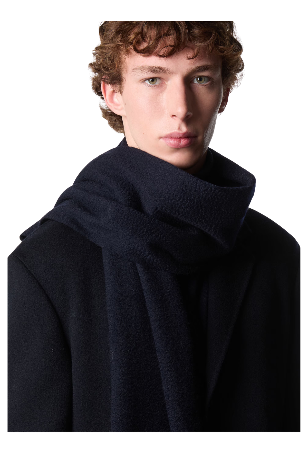 Loro Piana Grande Unita Cashmere Scarf in Blue Navy, Worn by Model