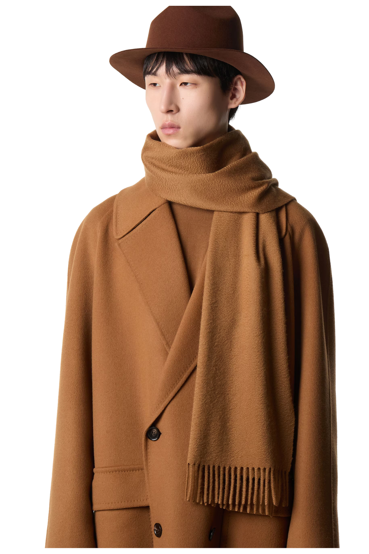 Loro Piana Grande Unita Cashmere Scarf in Camel, Worn by Model