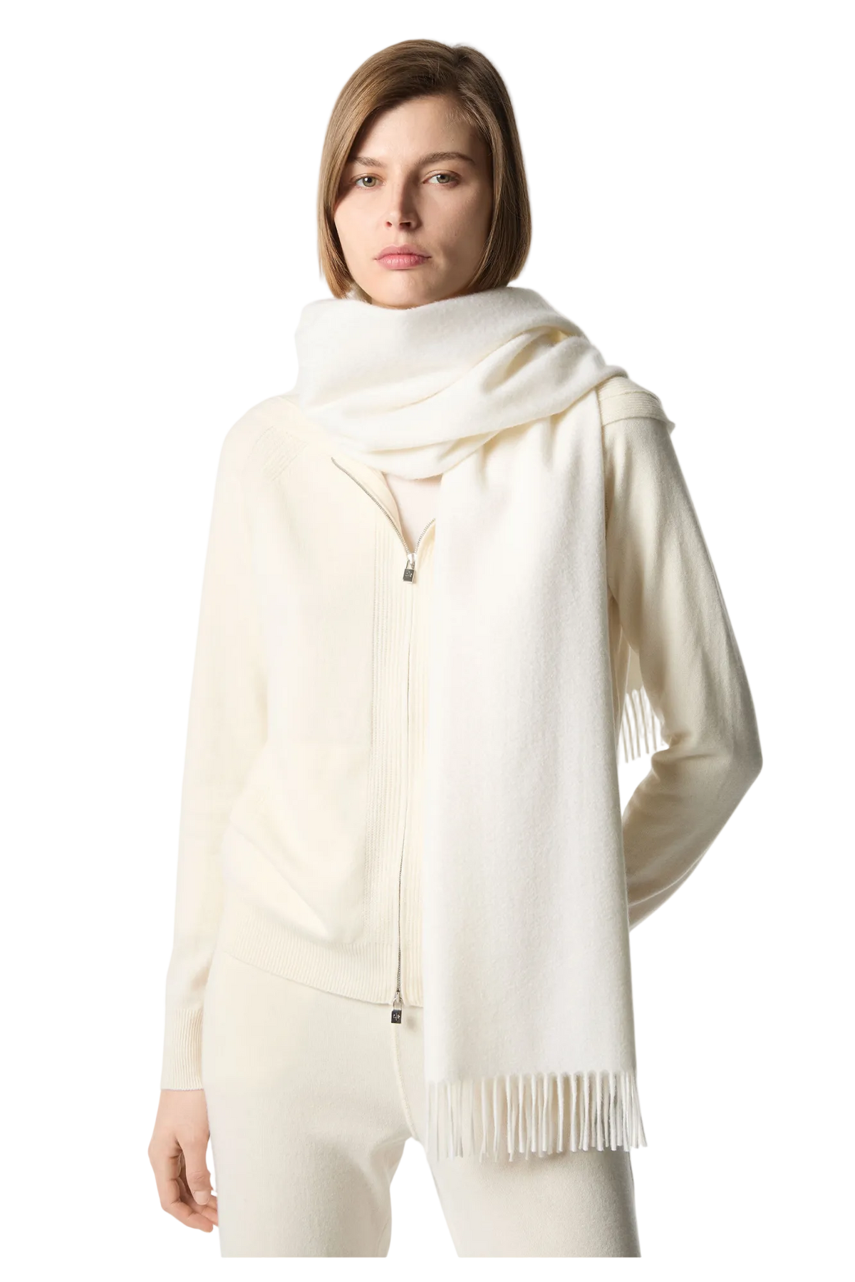 Loro Piana Grande Unita Cashmere Scarf in White, Worn by Model