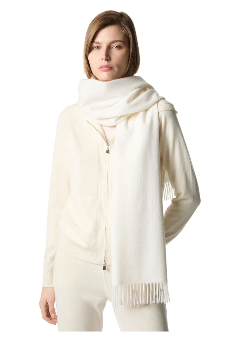 Loro Piana Grande Unita Cashmere Scarf in White, Worn by Model