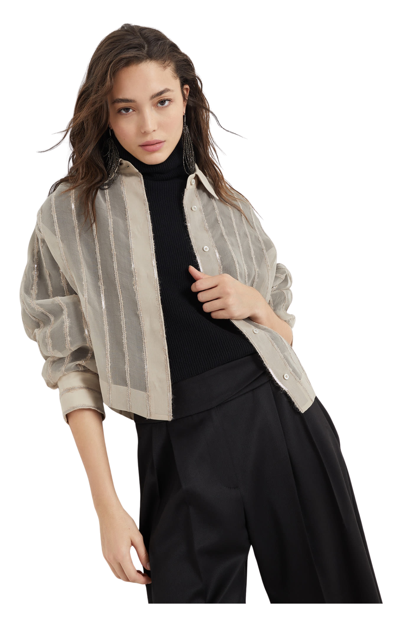 Brunello Cucinelli Women's Crispy Silk Shirt with Dazzling Alpaca Stripes