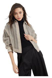 Brunello Cucinelli Women's Crispy Silk Shirt with Dazzling Alpaca Stripes