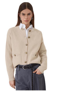 Brunello Cucinelli Women's Virgin Wool, Cashmere and Silk English Rib Cardigan with Metal Buttons