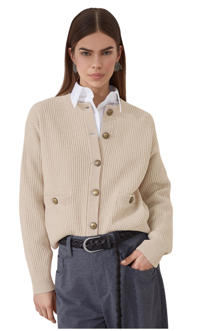 Brunello Cucinelli Women's Virgin Wool, Cashmere and Silk English Rib Cardigan with Metal Buttons