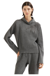 Brunello Cucinelli Women's Cashmere English Rib Hooded Sweater with Shiny Flower Embroidery