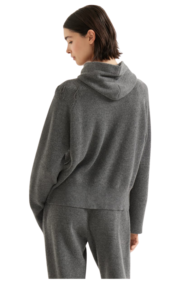 Brunello Cucinelli Women's Cashmere English Rib Hooded Sweater with Shiny Flower Embroidery