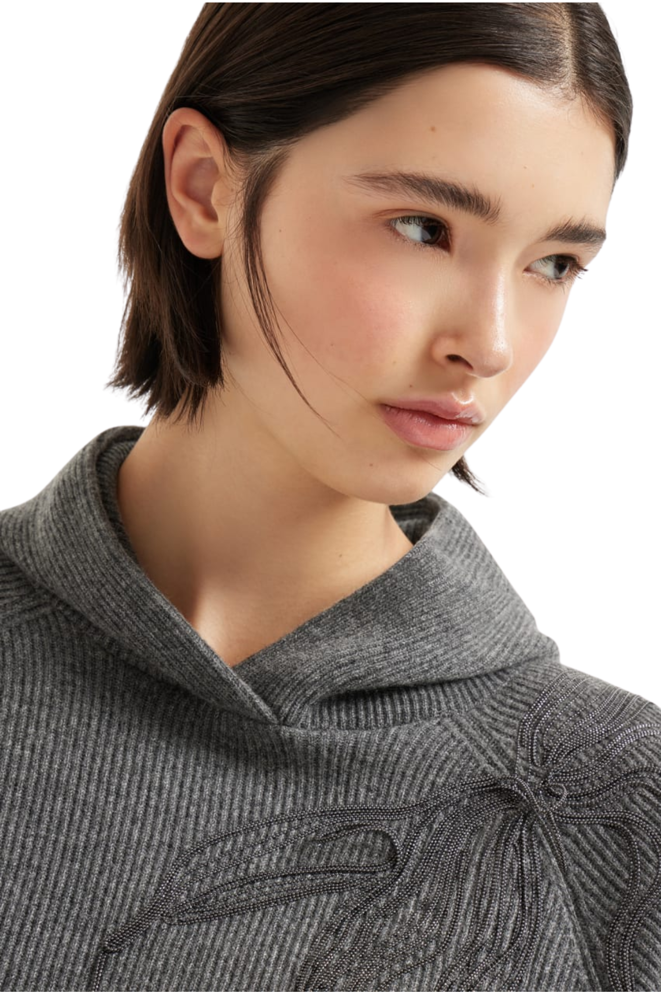 Brunello Cucinelli Women's Cashmere English Rib Hooded Sweater with Shiny Flower Embroidery