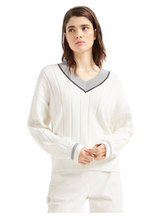 Brunello Cucinelli Women's Cotton Flat Rib Sweater with Precious Neckline