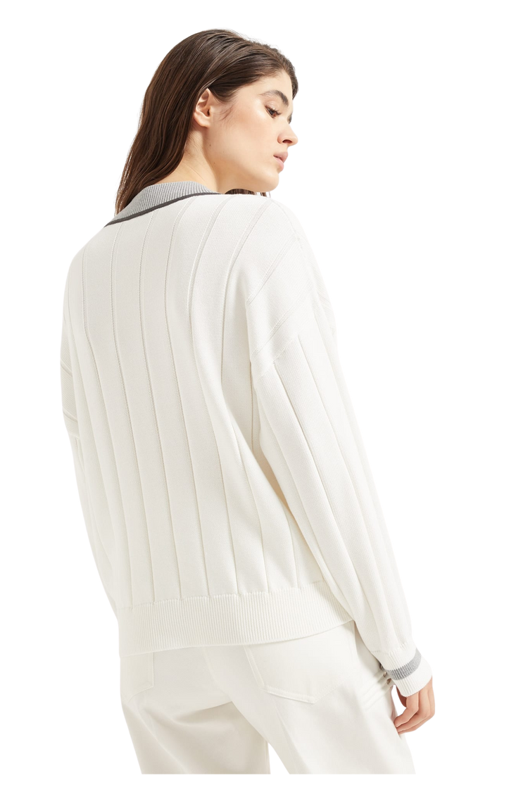 Brunello Cucinelli Women's Cotton Flat Rib Sweater with Precious Neckline