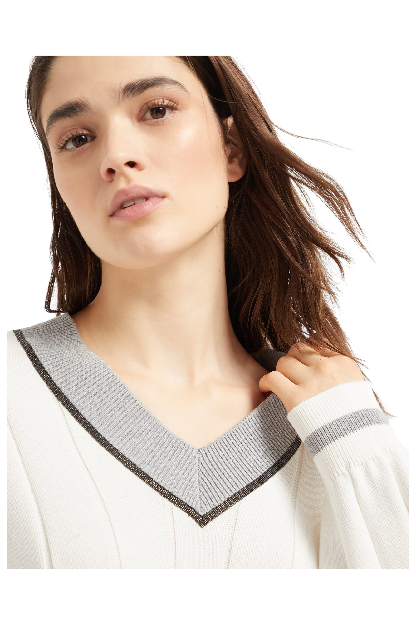 Brunello Cucinelli Women's Cotton Flat Rib Sweater with Precious Neckline