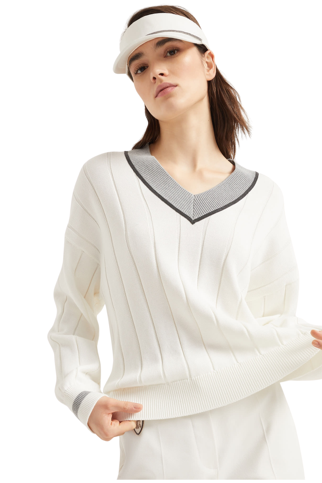 Brunello Cucinelli Women's Cotton Flat Rib Sweater with Precious Neckline