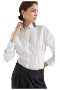 Brunello Cucinelli Women's Striped Cotton and Silk Poplin Shirt with Monili